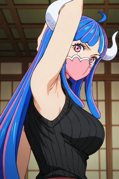 masterpiece, best quality, amazing quality, anime screencap, anime coloring, 1girl, solo, Ulti (character), curled horns, long hair, ahoge, pink hair, blue hair, multicolored hair, pink eyes, mouth mask, mask, black sweater, sleeveless sweater, ribbed swea...
