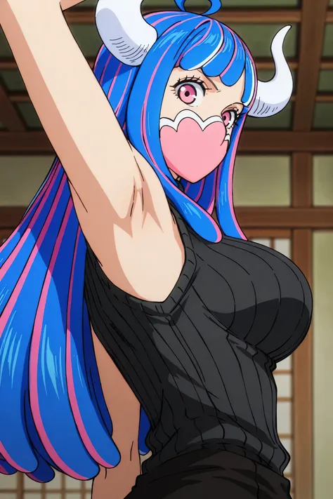 masterpiece, best quality, amazing quality, anime screencap, anime coloring, 1girl, solo, Ulti (character), curled horns, long hair, ahoge, pink hair, blue hair, multicolored hair, pink eyes, mouth mask, mask, black sweater, sleeveless sweater, ribbed swea...