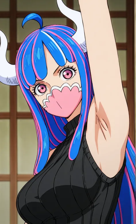 masterpiece, best quality, amazing quality, anime screencap, anime coloring, 1girl, solo, Ulti (character), curled horns, long hair, ahoge, pink hair, blue hair, multicolored hair, pink eyes, mouth mask, mask, black sweater, sleeveless sweater, ribbed swea...