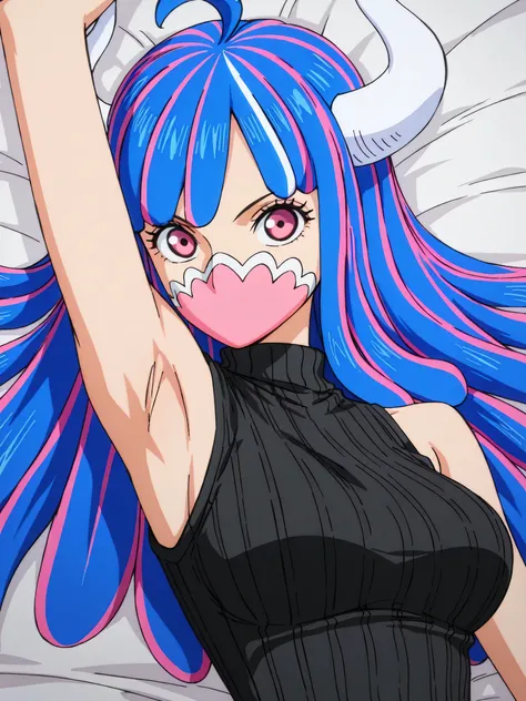 masterpiece, best quality, amazing quality, anime screencap, anime coloring, 1girl, solo, Ulti (character), curled horns, long hair, ahoge, pink hair, blue hair, multicolored hair, pink eyes, mouth mask, mask, black sweater, sleeveless sweater, ribbed swea...