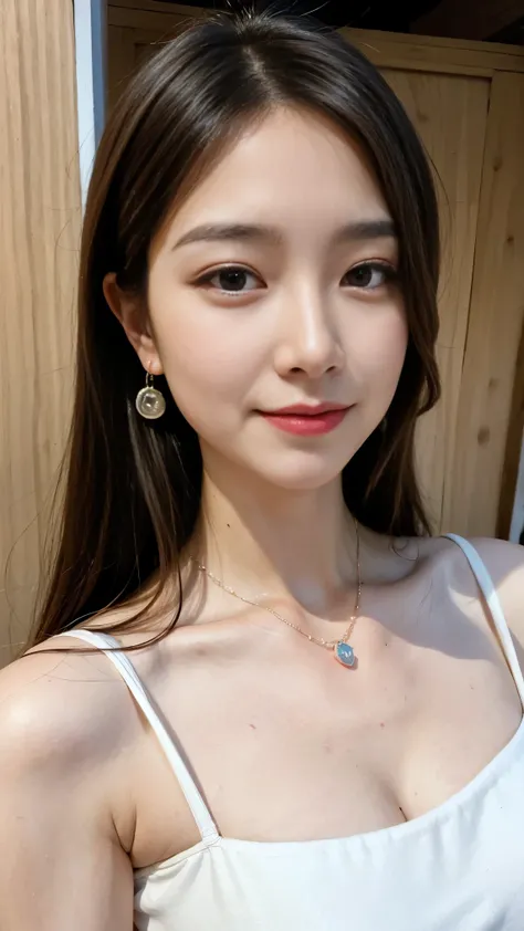 最High Quality, masterpiece, high resolution, 1 girl, clear silk porcelain dress, beautiful face, hair accessory, watches the audience, smile, Close Your Mouth, lips, dress, hair accessory, necklace,  jewelry, long hair, earrings, beautiful face, on top of ...