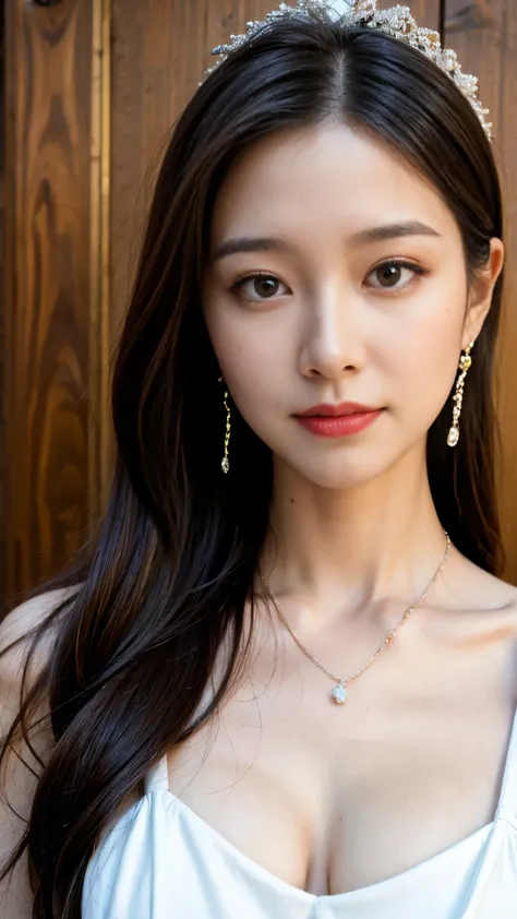 最High Quality, masterpiece, high resolution, 1 girl, clear silk porcelain dress, beautiful face, hair accessory, watches the audience, smile, Close Your Mouth, lips, dress, hair accessory, necklace,  jewelry, long hair, earrings, beautiful face, on top of ...