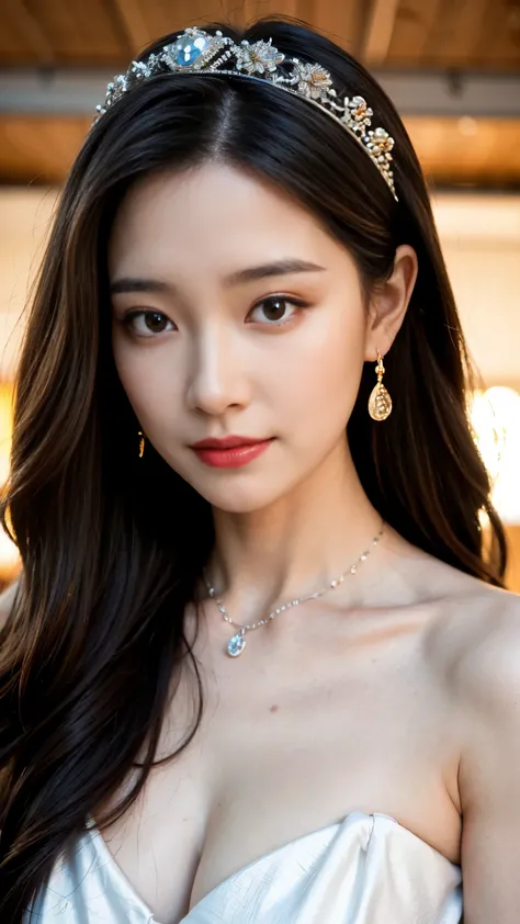 最High Quality, masterpiece, high resolution, 1 girl, clear silk porcelain dress, beautiful face, hair accessory, watches the audience, smile, Close Your Mouth, lips, dress, hair accessory, necklace,  jewelry, long hair, earrings, beautiful face, on top of ...