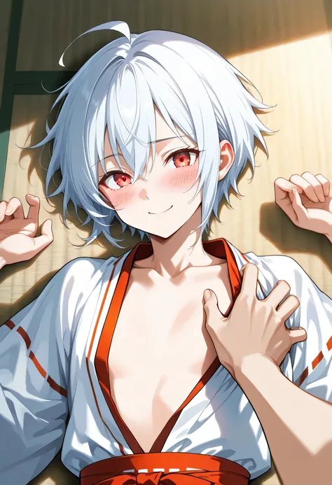 score_9, score_8_up, score_7_up, source_anime, masterpiece, solo, ((femboy)), ((feminine male)), ((Ahoge)), ((White very-short hair)), red eyes,((((miko)))), Slightly Open clothes, Ecstatic smile, blush, ((closed mouth)), BREAK ((POV single hand, POV singl...