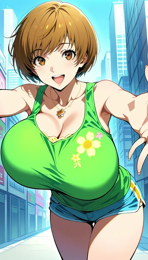 score_9, score_8_up, source_anime
1 girl, solo, cute face,
p4chie, satonaka chie, short hair, brown hair,
p4chie-sumcas, jewelry, necklace, tank top, green tank top, floral print, bare shoulders, collarbone, wristbands, multicolor wristbands, short shorts,...