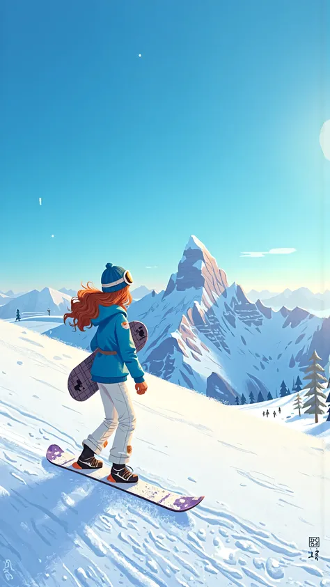 panoramic,A single snowboarder walking on a pristine alpine snowy slope under a clear blue sky,Mountain,holding skate board。wide-angle lens showing endless white snow and peaceful Yuanshan Peak。Female skier(Stylish and elegant,long wavy brown hair slides o...