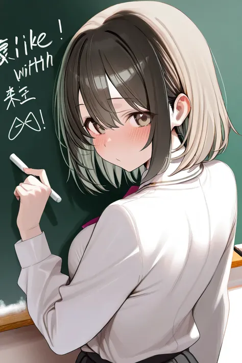 Highest Quality、masterpiece、detailed background、Beautiful Girl、 detailed expressions 、Confession Day、Blackboard Day、Quiet Classroom After School、sunset shines in、Write with chalk the Confession of Youth scene、Quiet Classroom After School、
( on blackboard「 ...