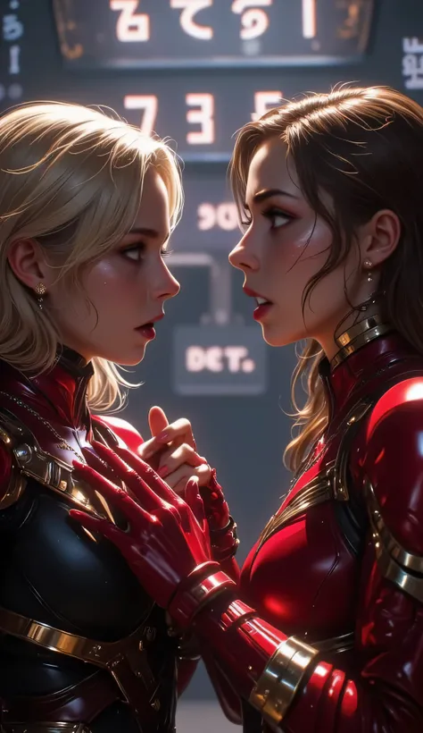 A hyper-realistic, ultra-detailed 8K cinematic close-up of Power Girl and Scarlet Witch. Both characters are standing side by side, facing the camera directly with stunned, wide-eyed expressions. Their mouths are slightly open in shock, and their hands are...