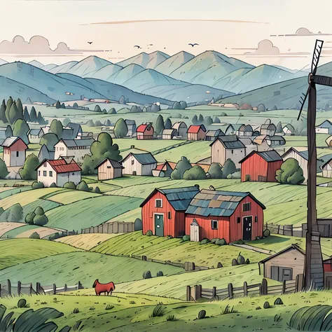 Farm panorama, barn,Fence,Windmill,Distant Hills/Mountains,Sunset