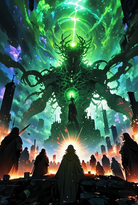 The giant monster looms over the mega city, The giant monster has an octopus-like head, countless tentacles growing from its mouth, bat wings growing from its back, its entire body is green, The monster is Cthulhu, The worshipers are singing at the monster...
