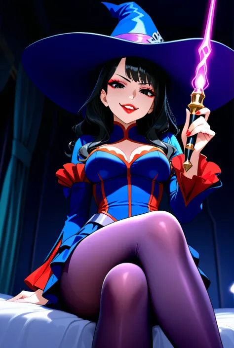 Highest quality, animation images, high resolution, masterpiece, colorful to keep.
From below view.
Super beautiful woman, evil smile,
She is strong and intimidating, condescending gaze, staring at the viewer.
Glossy skin, makeup, red lips, black eyes, lon...