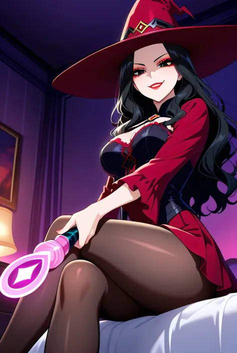Highest quality, animation images, high resolution, masterpiece, colorful to keep.
From below view.
Super beautiful woman, evil smile,
She is strong and intimidating, condescending gaze, staring at the viewer.
Glossy skin, makeup, red lips, black eyes, lon...