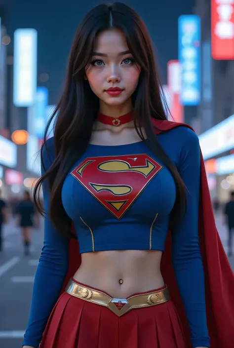 (BLUE EYES:2.3) a beautiful YOUNG girl with long BLACK hair, detailed blue eyes, nose, RED SPIKED CHOKER, red lipstick,WEARING A LONG SLEEVE BLUE SUPERGIRL CROP TOP WITH LONG SLEEVES, RED PLEATED SKIRT WITH A SUPERGIRL BELT, RED CAPE AND RED BOOTS (best qu...