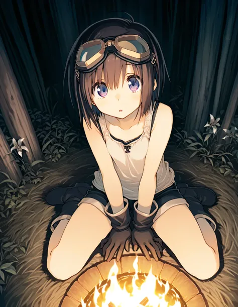 1loli, fantasy, beautiful detailed eyes, goggles, shorts, sit, realistic,(artist:mitsumi_misato),artist:harada_takehito,artist:amazuyu_tatsuki, Game CG, best quality, masterpiece, very awa, absurdres, highres, ultra-detailed,  super detailed skin, Realisti...