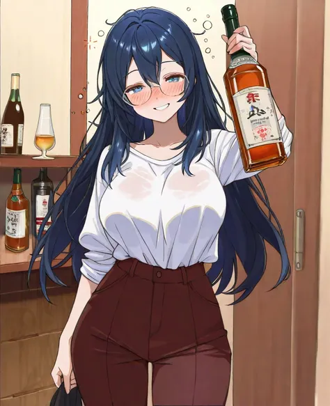 ((Highest Quality)), ((masterpiece)), ( details), Animation、Highest Quality、details、adult woman with long dark blue hair、round glasses、日本liquor、liquor、(((Drunk)))、drunk、A bulky shirt and long pants、holding a one-liter bottle、front、 Standing Drinking 、dirt...
