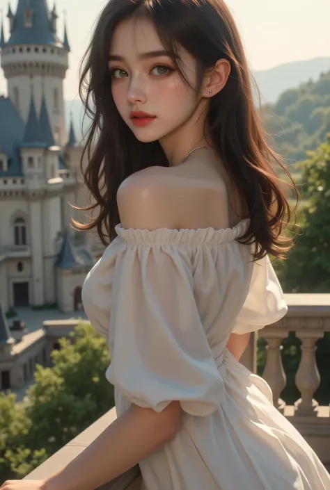 ultra fineCG Unity 8k壁紙、best quality、ultra fine、masterpieces、real、フォトreal、ultra fineキュートガール、18 years old、(European castles)、(Girl standing on balcony)(back view)、(looking back at the drugstore)、((笑face)),((Make a heart with both hands))、(full body angle)、 ...