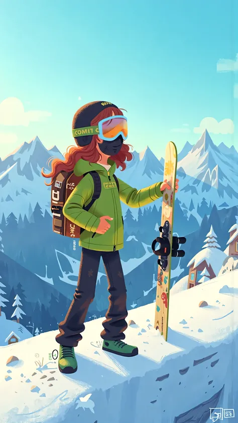 Full body view: telephoto lens,one woman(long brown wavy curls sliding off the brim, black mask)wearing a green ski jacket、A snowboarder with a black helmet stands on the edge of a snowy mountain,snowboard held upright in hand。vast snowy peaks and clear bl...
