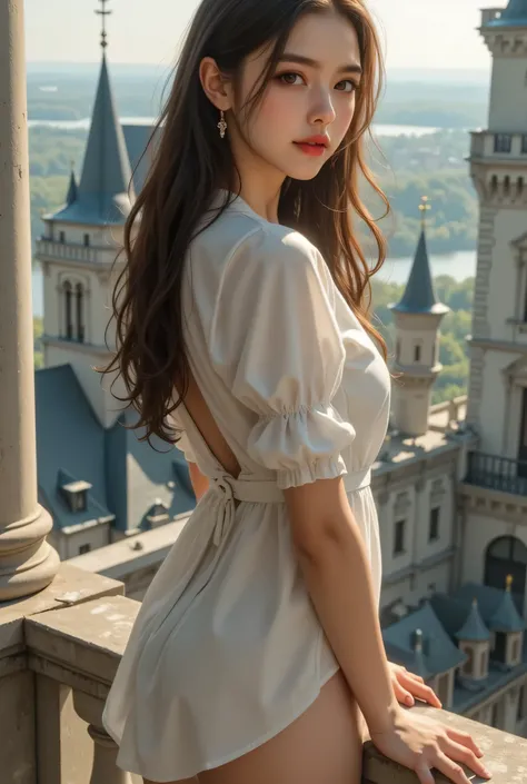 ultra fineCG Unity 8k壁紙、best quality、ultra fine、masterpieces、real、フォトreal、ultra fineキュートガール、18 years old、(European castles)、(Girl standing on balcony)(back view)、(looking back at the drugstore)、((笑face)),((Make a heart with both hands))、(full body angle)、 ...