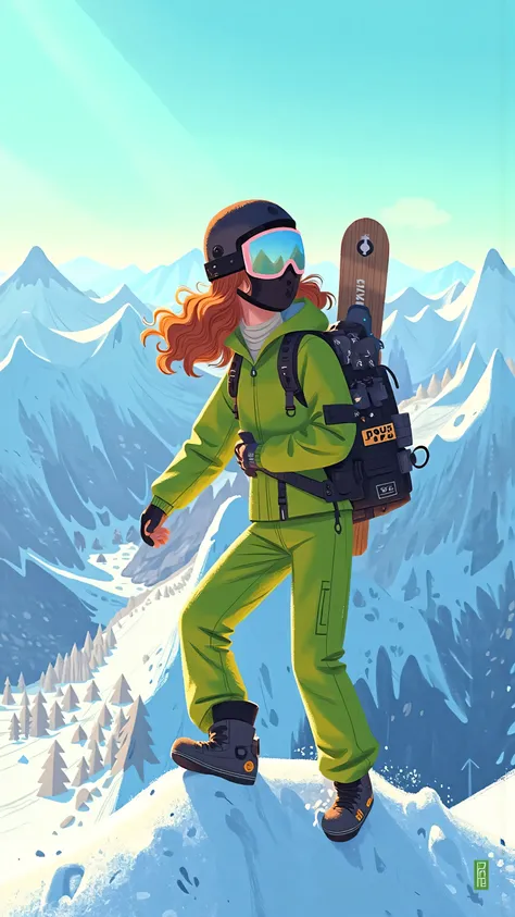 Full body view: telephoto lens,one woman(long brown wavy curls sliding off the brim, black mask)wearing a green ski jacket、A snowboarder with a black helmet stands on the edge of a snowy mountain,snowboard held upright in hand。vast snowy peaks and clear bl...