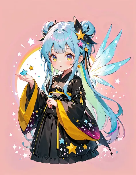  Best Details、  1 girl on break day，，Blink， （   the hair color is milky white、Blue hair tips  ）、  the cutest girl in the world   ，Wear a colorful and cute gothic kimono costume   ,   Star Fairy ,Wear a colorful and cute gothic kimono costume    with little...
