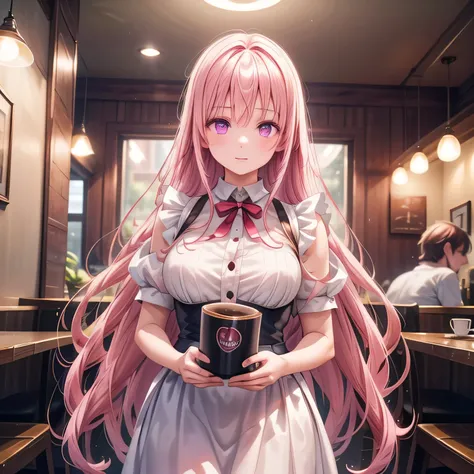 A girl is working as a waitress in a cozy cafe. She's wearing a classic maid outfit. The air feels warm and calm, and it's like you can almost smell the coffee through the picture. Pink hair, long hair, purple eyes.