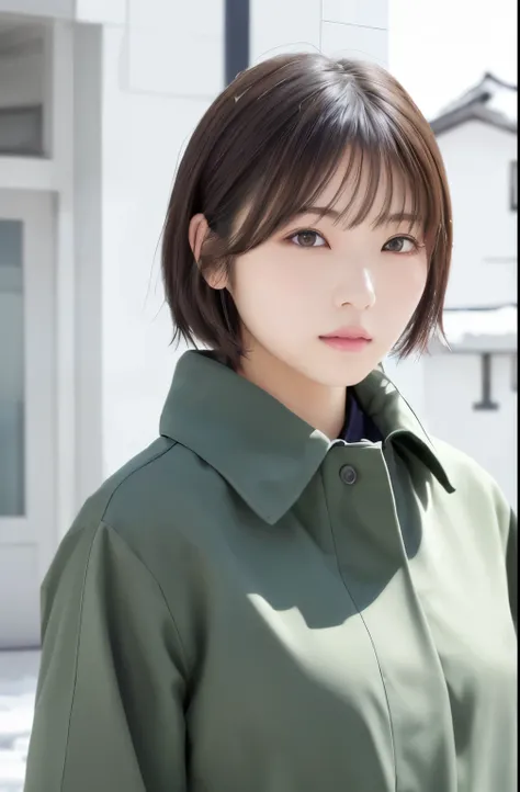 beautiful Japanese woman ,(Winter clothes:1.2), 20 years old、 light green coat、 ( RAW photo, best quality), (reality, realistic :1.4), clean looking 、iris、 Very Detailed Eyes and Face , beautiful detailed nose, beautiful eyes , perfect anatomy ove...