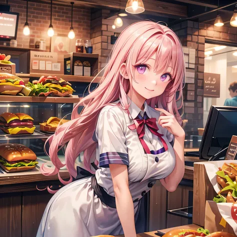 She is a cheerful girl working behind the counter at a cozy burger shop. She is wearing a cute burger shop uniform and smiling warmly at the customers. The background shows a bright and clean fast food counter with menu boards. Pink hair, long hair, purple...