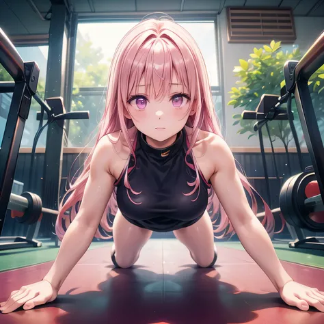 A person doing a plank exercise on a mat in a fitness gym, minimal equipment, bright interior.  Pink hair, long hair, purple eyes.