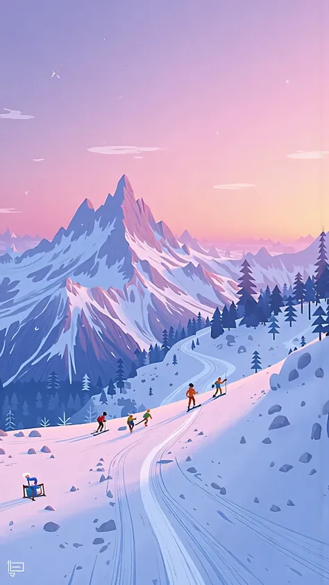 panoramic,Snowy mountain ski trails in the twilight,A pink purple gradient sky envelops continuous snowy peaks。Soft ambient light,Delicate shadows on the snow surface,The horizon is warm, shimmer。Wide scene composition,Quiet and peaceful atmosphere,Highly ...