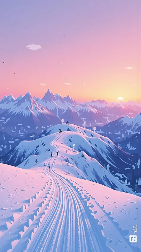 panoramic,Snowy mountain ski trails in the twilight,A pink purple gradient sky envelops continuous snowy peaks。Soft ambient light,Delicate shadows on the snow surface,The horizon is warm, shimmer。Wide scene composition,Quiet and peaceful atmosphere,Highly ...