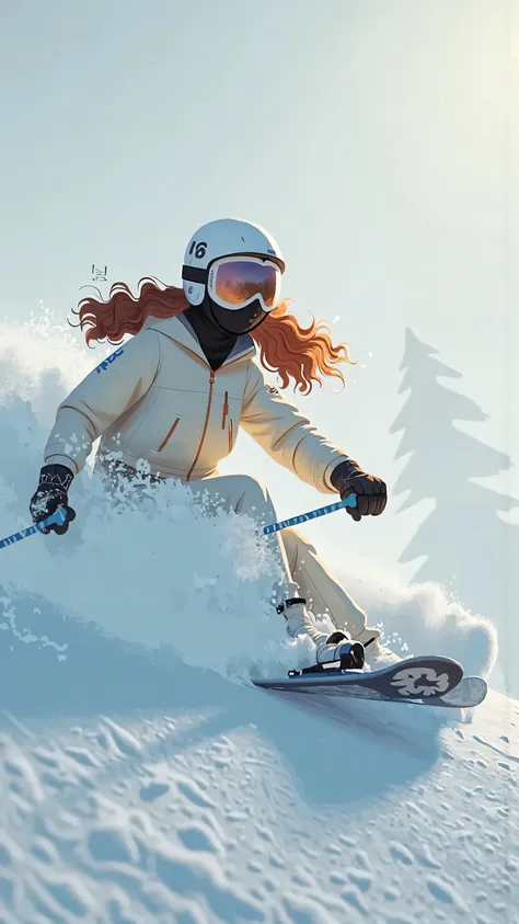 telephoto lens,Sporty snowboarders for women(, long wavy brown hair slides out of the brim, black mask,Wearing a white ski jacket, white helmet )Cutting snow on a steep slope,Flying snow powder spreads,overcast skies, dynamic blurry ,High contrast movie l...