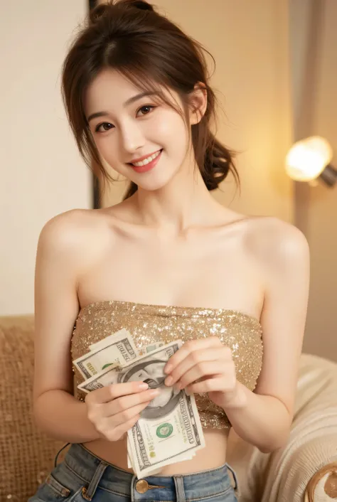 A beautiful Korean idol-style young woman with sharp facial features, stunning beauty, and a sweet, radiant smile. She has a bright and cheerful expression, exuding youthful energy. Her hair is styled in a high ponytail with soft curls at the ends, adding ...