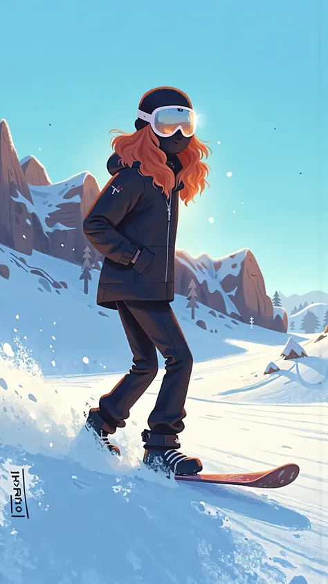 telephoto lens,snowboarding women(long brown wavy hair sliding out of the brim, black mask, wearing a black ski jacket, black helmet to cover the head ,mirrored goggles)standing alone in a snowy slope,Blue sky as background,backlighting creates light spo...
