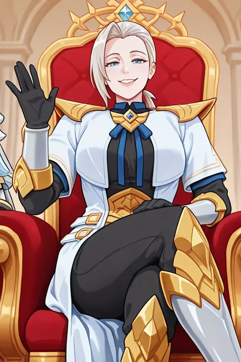 Silvanna base,a mature woman,blue eyes,light blond hair,long haircut,low ponytail,side bangs,Long white gabardine coat with gold details,golden shoulder pads decorated with sharp tips,black shirt,blue bow, open coat,Gloves, black sleeves with gold trim,tig...