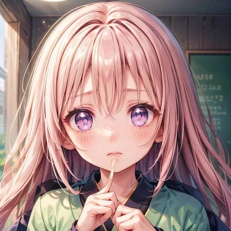 A Japanese anime-style chibi girl, 3-head-tall, super round body and head, deformed proportion, big sparkling eyes, small nose and mouth, cute and soft illustration, simplified color palette, masterpiece, her mouth is empty, nothing in her mouth, no object...