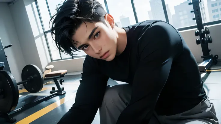 Japanese male handsome very short black hair tight long sleeves Light Colored Tight Long Pants I can see the blue sky large room with glass floors and ceilings private gym Composition with a very big face From the shoulders up and look at the camer...