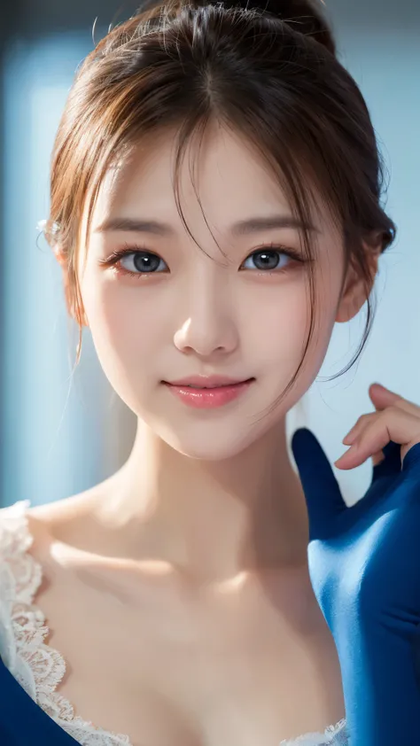 thin and thin physique , subtle laugh ,white single ponytail hair wearing white lace gloves,blue eyes, there is blue light in the eyes ,blue eyes have white pupils,Shining Eyes,Woman's hand, beginner,Normal finger, normal human fingers ,blue halo,Aura...
