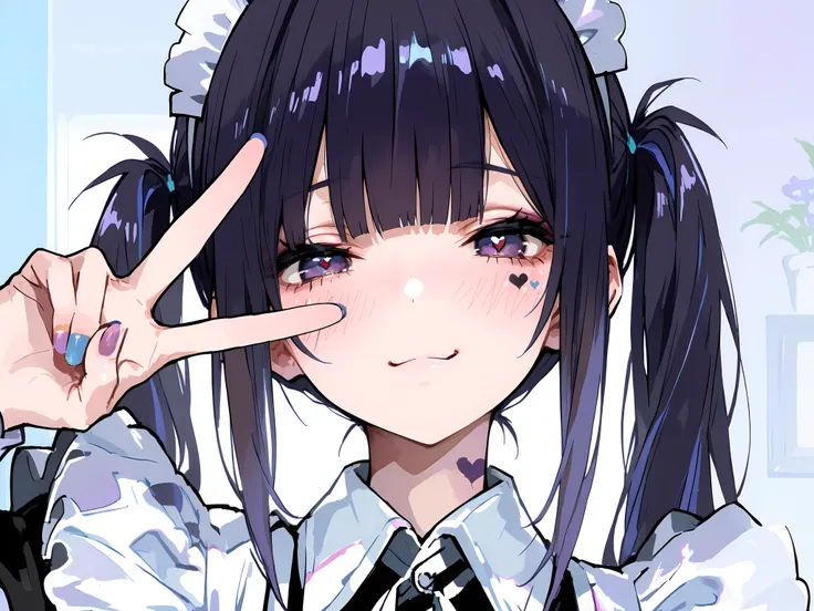  best quality, masterpiece, 748cmstyle, 1girl, heart facial mark, v over eye, nail polish, looking at viewer, purple eyes, purple nails, giggle, dark hair, blush, upper body, smile, maid apron, maid headdress, collared dress, white apron, twintails, blunt ...