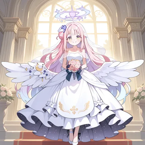mika (blue archive), wedding dress, Wedding Venues, {{{Highest Quality}}}, {{super detailed}}, {Illustrations}, {{very delicate and beautiful}},cute,full body,happy, smile,blush,