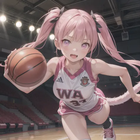 A young female basketball player makes a dynamic jump shot with elegance and control. She holds the ball firmly in both hands, her form showing strong confidence and skill. Her athletic uniform fits her form well, paired with high socks and sneakers in mat...