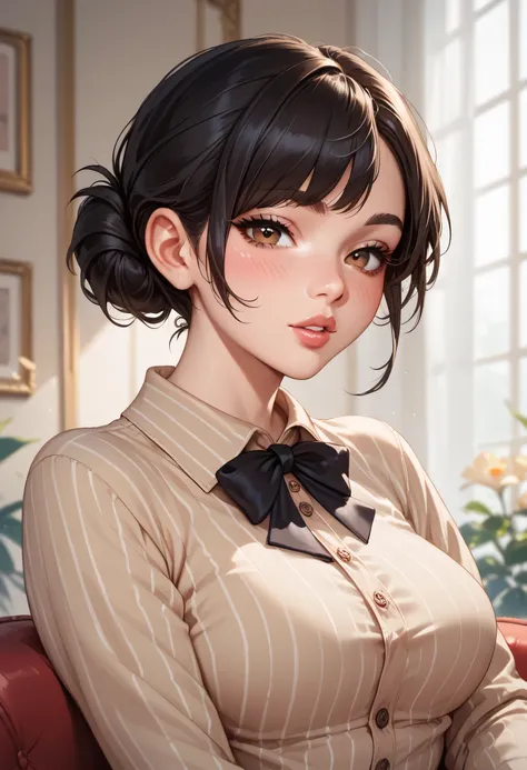 perfect face, bun top knot hair, black hair, black thin eyebrows, brown eyes, black eyeliners, blush, lips, parted lips, beautiful woman, (beige striped fitted shirt), medium breasts, looking at viewer