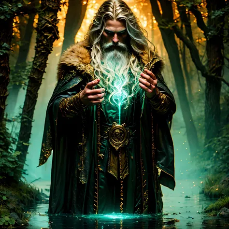 A mystical wizard resembling Merlin, standing in an ancient forest at twilight, holding a glowing magical staff. He wears flowing robes in black and shades of grey, adorned with subtle arcane symbols. Long silver hair and a beard, deep wise eyes, a calm bu...