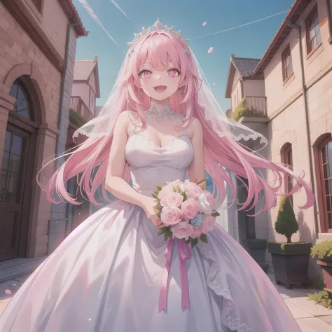 A breathtakingly beautiful 20-year-old woman stands in the courtyard of a luxurious mansion beneath a clear blue sky. She wears a white and blue wedding dress, holding a red bouquet gracefully in front of her chest. Her radiant smile and joyful expression ...