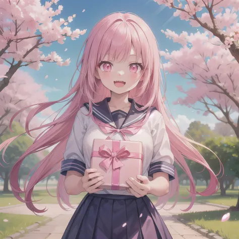A breathtakingly beautiful 20-year-old woman stands in a lush park filled with cherry blossoms in full bloom beneath a clear blue sky. She wears a classic sailor uniform and gently holds a small, neatly wrapped gift box adorned with a red ribbon. Her radia...
