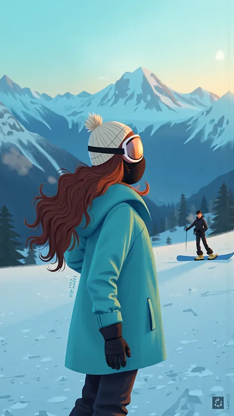 telephoto lens,Back view of a woman snowboarding(, long wavy brown hair slides out of the brim, black mask,in a light blue ski jacket,White knit cap,mirrored goggles)embracing nature with open arms,dusk snow gliding。cold atmosphere visible breathing steam...