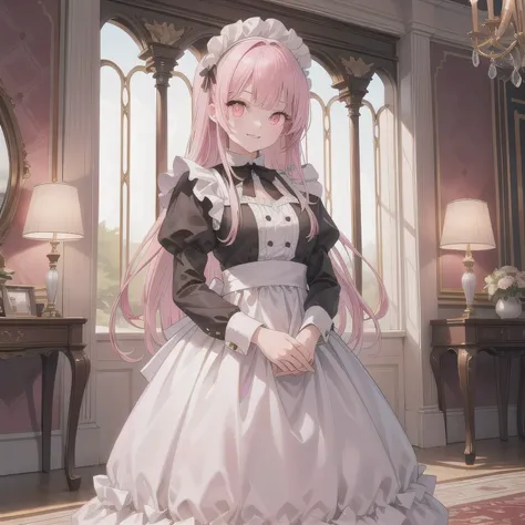 A breathtakingly beautiful 20-year-old woman stands in an opulent mansion room, dressed in a classic black-and-white maid outfit with a short hem and a white brim cap. Her confident smile radiates warmth. The room features elegant furnishings and decor bef...