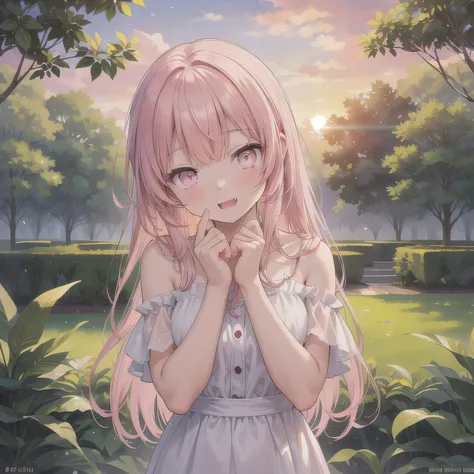 A breathtakingly beautiful 20-year-old woman stands in a lush green park at sunset, bathed in the warm golden light of the evening sun. Facing forward, her eyes gently closed, cheeks slightly flushed, and her face tilted upward as if anticipating a kiss, s...