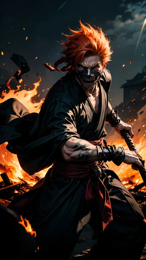 A fierce, ultra-detailed Ichigo Kurosaki in mid-battle pose, featuring spiky orange hair and intense expression. (his face is consumed by a dark, skeletal hollow mask with sharp teeth and glowing red eye), symbolizing a powerful transformation. He wears a ...