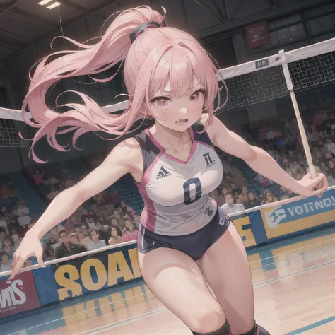 A breathtakingly beautiful 20-year-old woman soars into the air on a volleyball court inside a brightly lit gymnasium, preparing to spike the ball with precision and power. Her athletic form is accentuated by a sleek, form-fitting uniform, and her intense ...