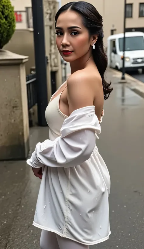 a beautiful woman, standing in the middle of the city during heavy rain, shirt looks full body, body facing the camera, sexy bra white, underwearless, wet shirt , long skirt leggings white color, big g-cup, tubuh basah, long hair, wet hair , tubuh...